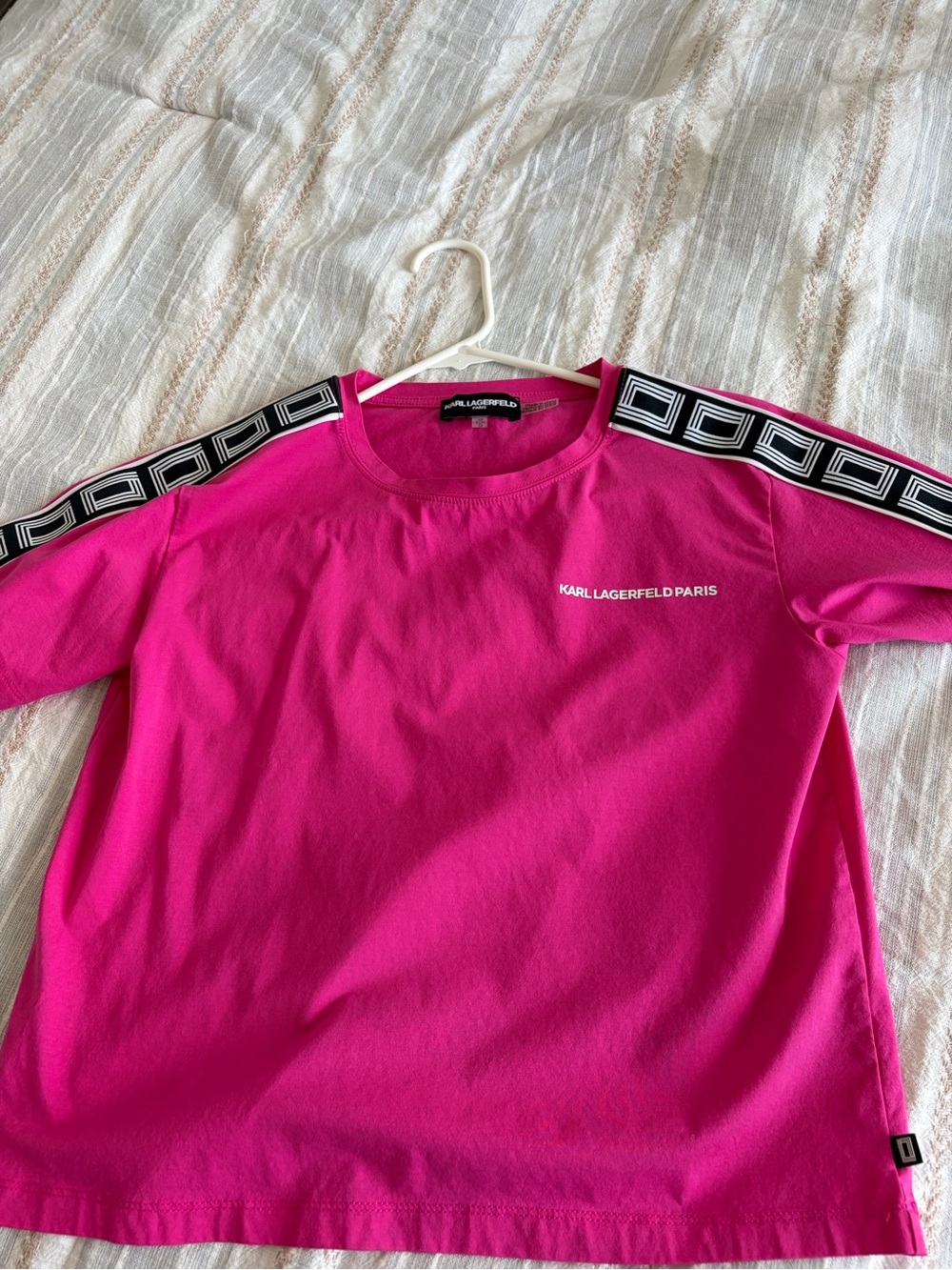 Karl Lagerfeld Bright Pink Tee with Black Logo Shoulder Tape